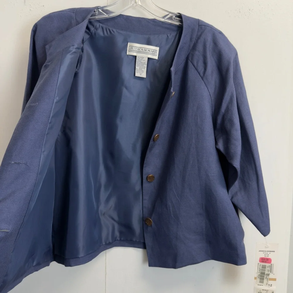 Jessica Howard Womens Blue Linen Blend Button Front Cropped Jacket Size 12 NWT